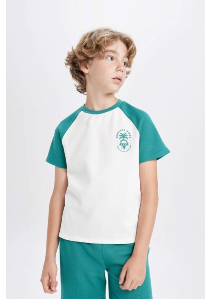 Erkek Çocuk Waffle Pijama Takımı Baskılı Kısa Kollu Üst Şort C5501A824SM