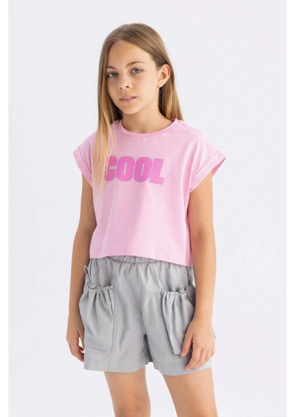 Kız Çocuk Bisiklet Yaka Baskılı Kısa Kollu Tişört C6040A824SM