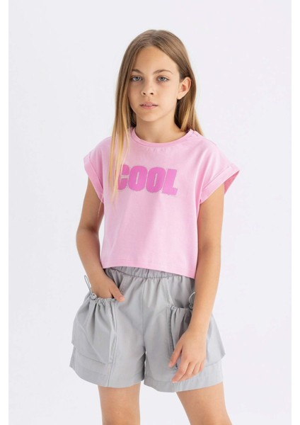 Kız Çocuk Bisiklet Yaka Baskılı Kısa Kollu Tişört C6040A824SM