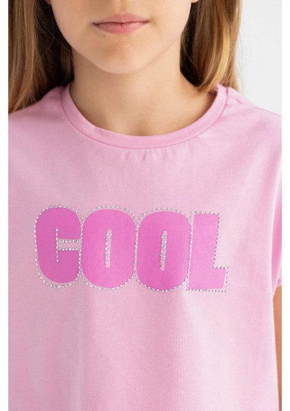 Kız Çocuk Bisiklet Yaka Baskılı Kısa Kollu Tişört C6040A824SM