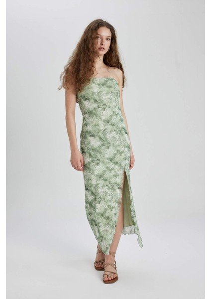 Straplez Yırtmaçlı Desenli Tül Midi Elbise C4348AX24SP