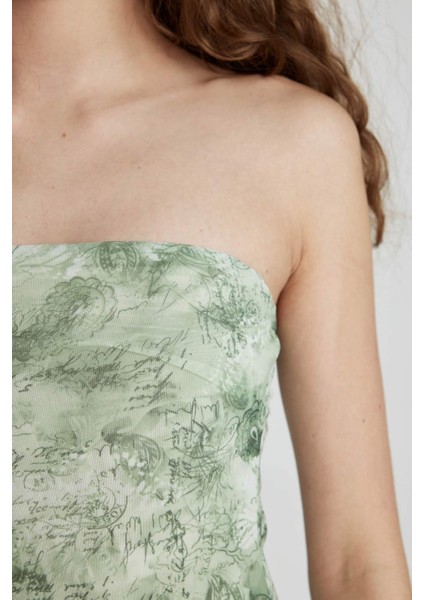 Straplez Yırtmaçlı Desenli Tül Midi Elbise C4348AX24SP