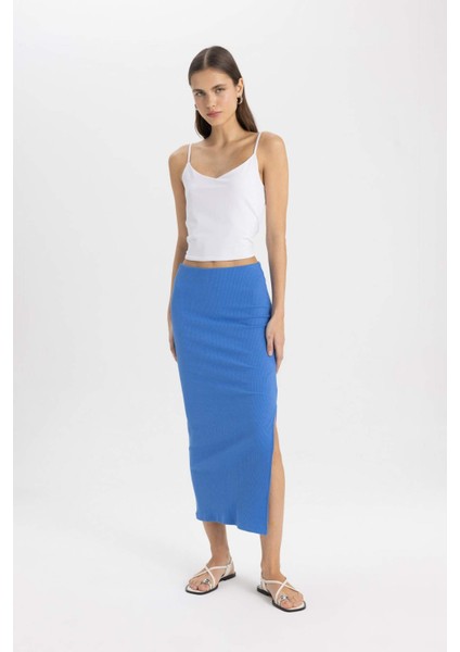 Yüksek Bel Penye Astar Fitilli Kaşkorse Midi Etek C4497AX24SM