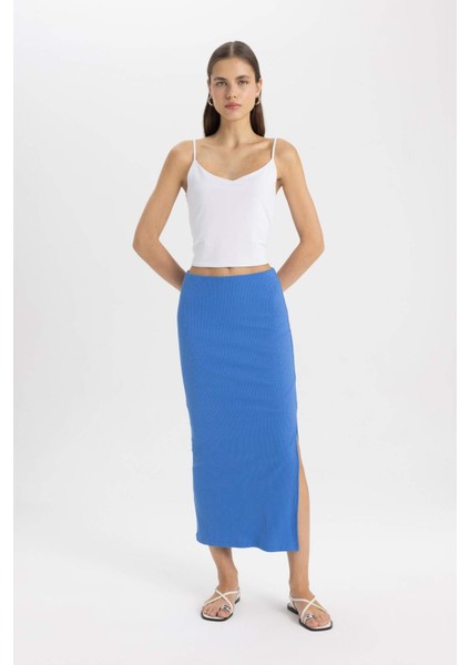 Yüksek Bel Penye Astar Fitilli Kaşkorse Midi Etek C4497AX24SM