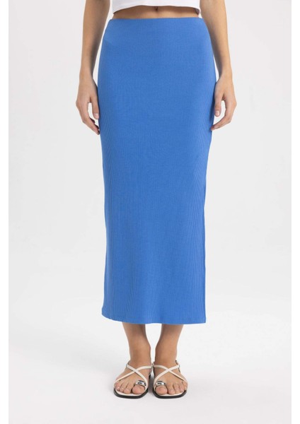 Yüksek Bel Penye Astar Fitilli Kaşkorse Midi Etek C4497AX24SM