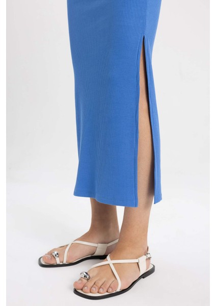 Yüksek Bel Penye Astar Fitilli Kaşkorse Midi Etek C4497AX24SM