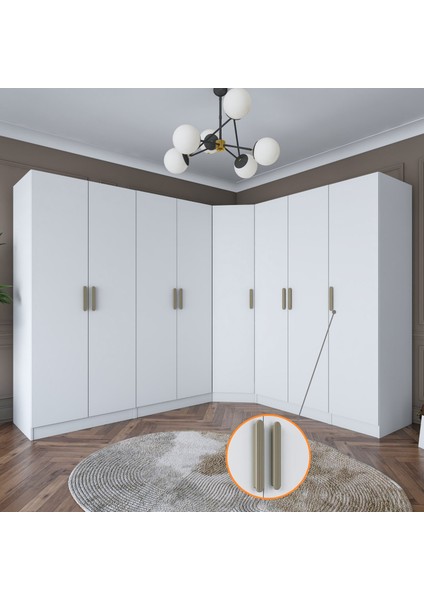 BA151 Geniş Köşe Gardırop Elbise Dolabı 8 Kapaklı 2 Çekmeceli 17 Raflı 4 Askılı Modüler Dolap Beyaz