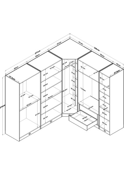 BA151 Geniş Köşe Gardırop Elbise Dolabı 8 Kapaklı 2 Çekmeceli 17 Raflı 4 Askılı Modüler Dolap Beyaz fiyatları
