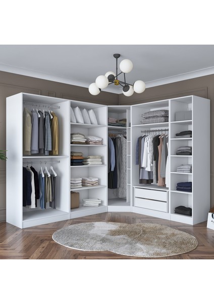 BA151 Geniş Köşe Gardırop Elbise Dolabı 8 Kapaklı 2 Çekmeceli 17 Raflı 4 Askılı Modüler Dolap Beyaz fırsatları