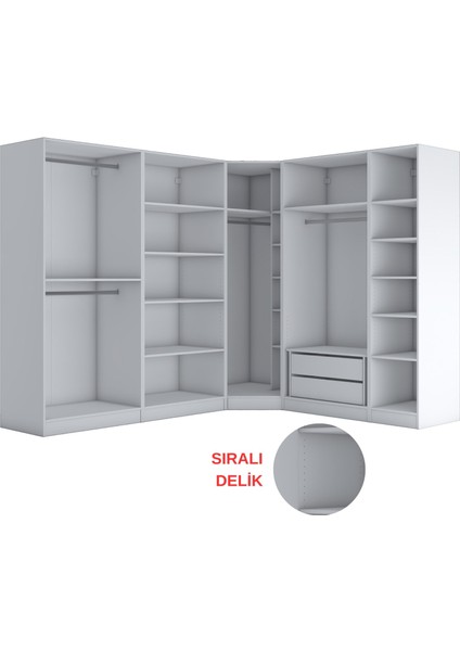 BA151 Geniş Köşe Gardırop Elbise Dolabı 8 Kapaklı 2 Çekmeceli 17 Raflı 4 Askılı Modüler Dolap Beyaz indirimleri