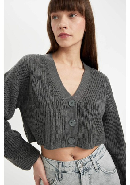 Regular Fit V Yaka Basic Düz Düğmeli Triko Hırka U2052AZ24AU