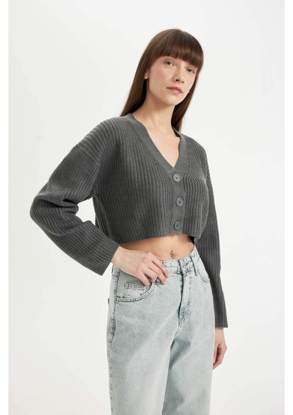 Regular Fit V Yaka Basic Düz Düğmeli Triko Hırka U2052AZ24AU