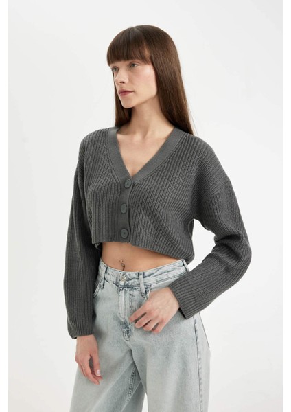 Regular Fit V Yaka Basic Düz Düğmeli Triko Hırka U2052AZ24AU