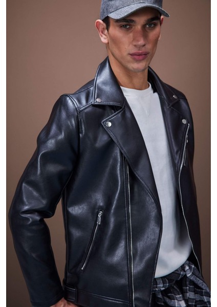 Su Ve Rüzgar İtici Slim Fit Dar Kesim Mevsimlik Astarlı Fermuarlı İç Cepli Suni Deri Biker Mont C5715AX24AU