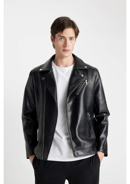 Su Ve Rüzgar İtici Slim Fit Dar Kesim Mevsimlik Astarlı Fermuarlı İç Cepli Suni Deri Biker Mont C5715AX24AU