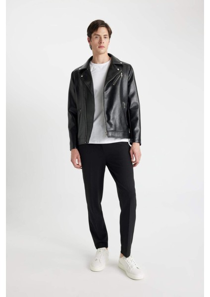 Su Ve Rüzgar İtici Slim Fit Dar Kesim Mevsimlik Astarlı Fermuarlı İç Cepli Suni Deri Biker Mont C5715AX24AU