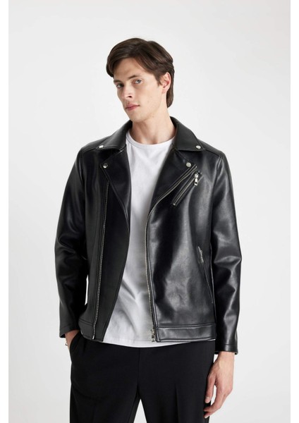 Su Ve Rüzgar İtici Slim Fit Dar Kesim Mevsimlik Astarlı Fermuarlı İç Cepli Suni Deri Biker Mont C5715AX24AU