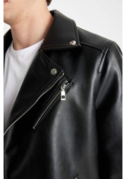 Su Ve Rüzgar İtici Slim Fit Dar Kesim Mevsimlik Astarlı Fermuarlı İç Cepli Suni Deri Biker Mont C5715AX24AU