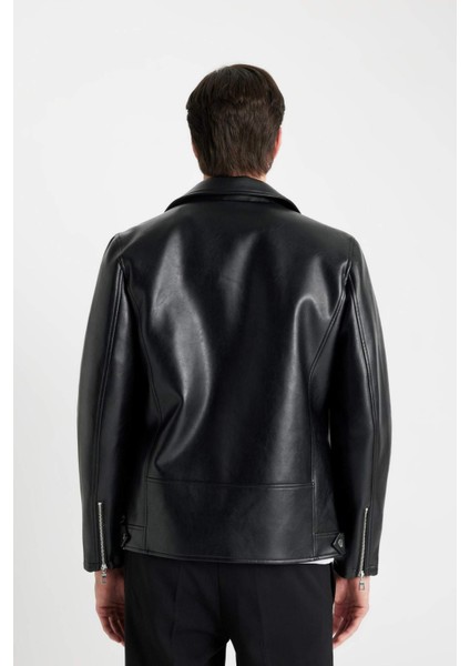 Su Ve Rüzgar İtici Slim Fit Dar Kesim Mevsimlik Astarlı Fermuarlı İç Cepli Suni Deri Biker Mont C5715AX24AU