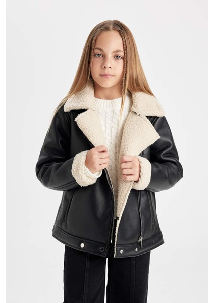 Kız Çocuk Su İtici Ceket Yaka Pelüş Astar Suni Deri Mont C4978A824AU