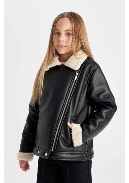Kız Çocuk Su İtici Ceket Yaka Pelüş Astar Suni Deri Mont C4978A824AU