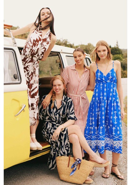 Gömlek Yaka Desenli Keten Karışımlı Yarım Kollu Kemerli Midi Elbise C7094AX24SM