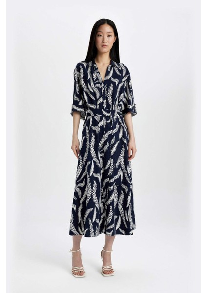 Gömlek Yaka Desenli Keten Karışımlı Yarım Kollu Kemerli Midi Elbise C7094AX24SM