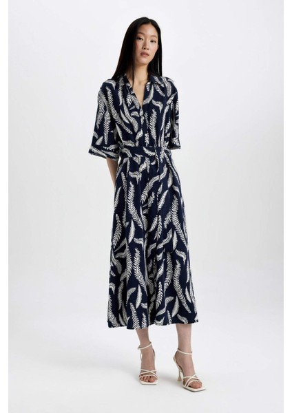 Gömlek Yaka Desenli Keten Karışımlı Yarım Kollu Kemerli Midi Elbise C7094AX24SM