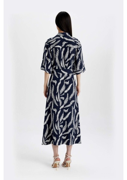 Gömlek Yaka Desenli Keten Karışımlı Yarım Kollu Kemerli Midi Elbise C7094AX24SM