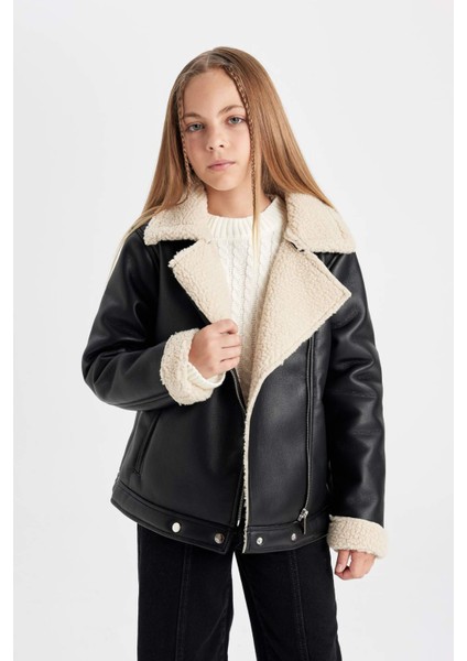 Kız Çocuk Su İtici Ceket Yaka Pelüş Astar Suni Deri Mont C4978A824AU