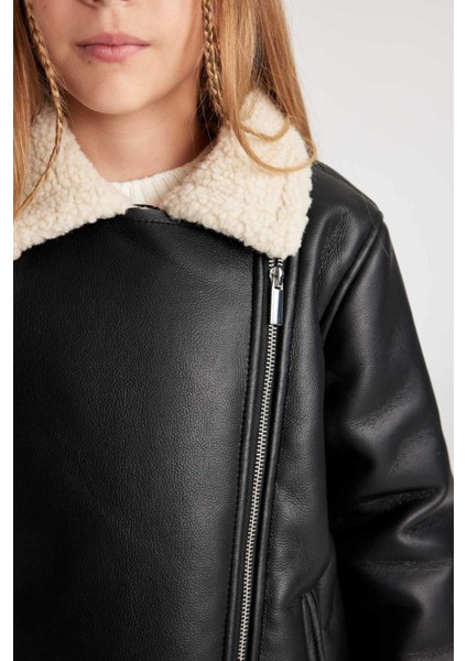 Kız Çocuk Su İtici Ceket Yaka Pelüş Astar Suni Deri Mont C4978A824AU