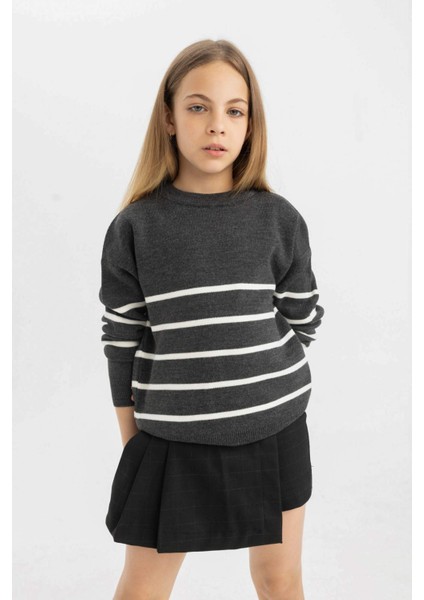 Kız Çocuk Çizgili Bisiklet Yaka Triko Okul Kazağı Z0194A624AU
