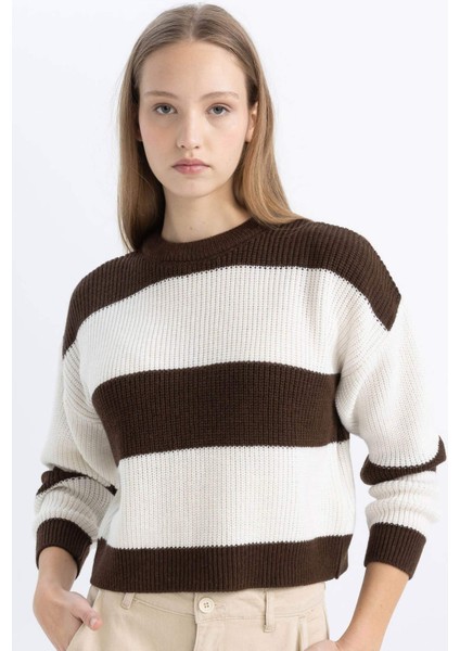 Oversize Geniş Kalıp Bisiklet Yaka Çizgili Triko Kazak X4931AZ24WN