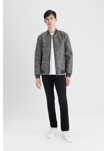 Su İtici Slim Fit Dar Kesim Kolej Yaka Fermuarlı Cepli Astarlı Suni Deri Mevsimlik Hafif Mont Ceket C6971AX24AU