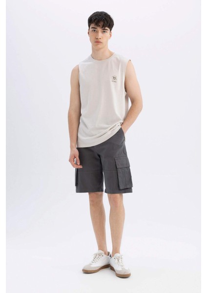 %100 Pamuk Relax Fit Düz Paça Gabardin Kargo Bermuda Şort C5382AX24SM
