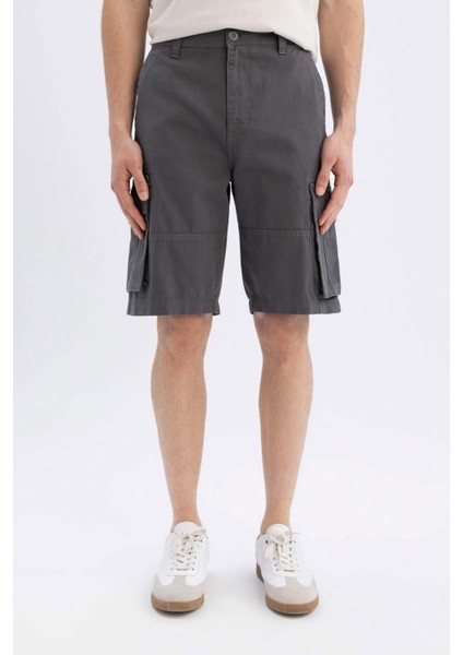 %100 Pamuk Relax Fit Düz Paça Gabardin Kargo Bermuda Şort C5382AX24SM