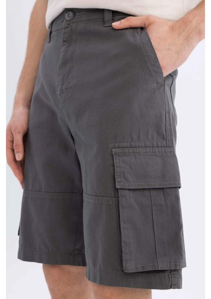 %100 Pamuk Relax Fit Düz Paça Gabardin Kargo Bermuda Şort C5382AX24SM