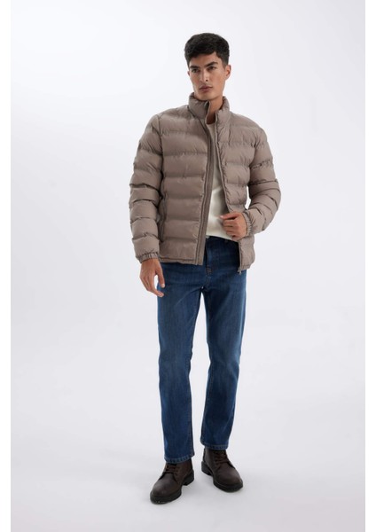 Regular Fit Dik Yaka Fermuarlı Cepli Mevsimlik Baharlık Şişme Mont