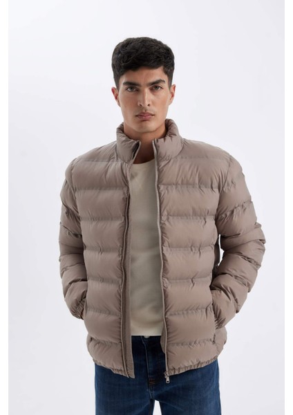 Regular Fit Dik Yaka Fermuarlı Cepli Mevsimlik Baharlık Şişme Mont