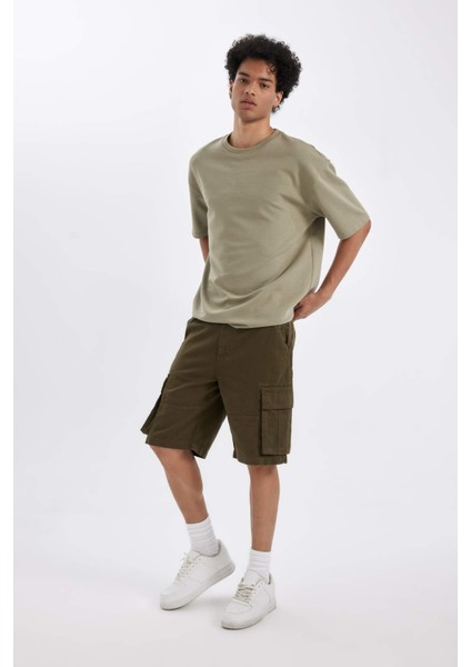 %100 Pamuk Relax Fit Düz Paça Gabardin Kargo Bermuda Şort C5382AX24SM