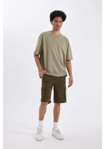 %100 Pamuk Relax Fit Düz Paça Gabardin Kargo Bermuda Şort C5382AX24SM