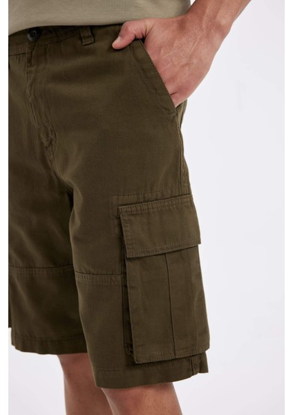 %100 Pamuk Relax Fit Düz Paça Gabardin Kargo Bermuda Şort C5382AX24SM