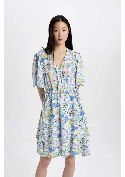 Wrap Yaka Çiçekli Desenli Maroken Yarım Kollu Mini Elbise C7223AX24SM