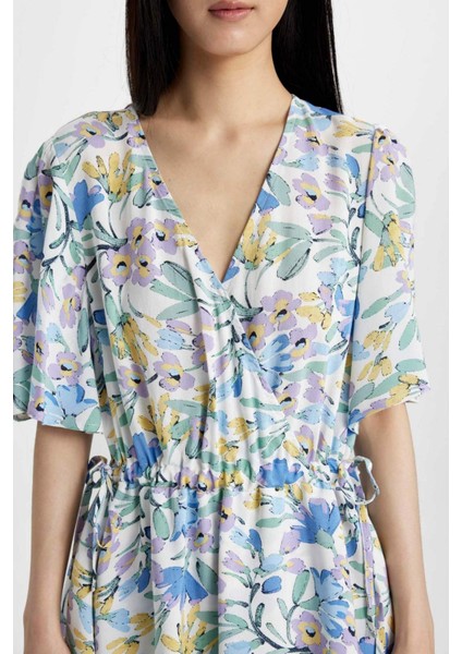 Wrap Yaka Çiçekli Desenli Maroken Yarım Kollu Mini Elbise C7223AX24SM