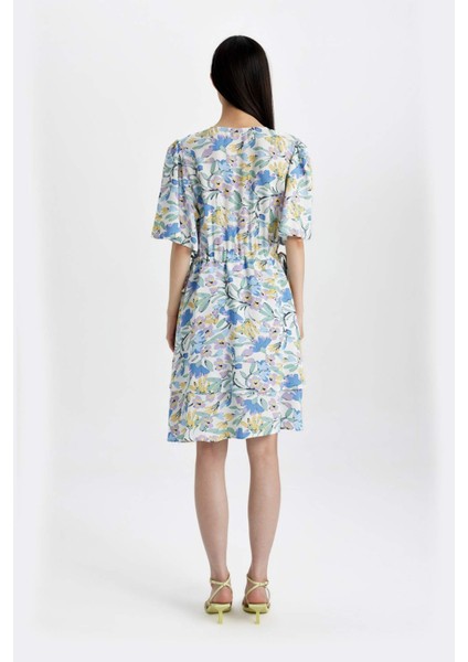 Wrap Yaka Çiçekli Desenli Maroken Yarım Kollu Mini Elbise C7223AX24SM