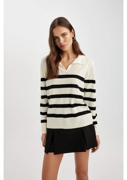 Regular Fit Polo Yaka Çizgili Triko Kazak A1249AX24WN