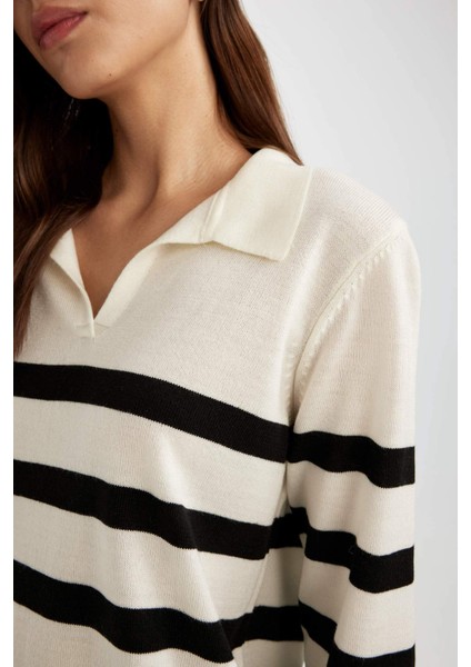 Regular Fit Polo Yaka Çizgili Triko Kazak A1249AX24WN