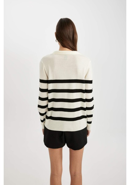 Regular Fit Polo Yaka Çizgili Triko Kazak A1249AX24WN