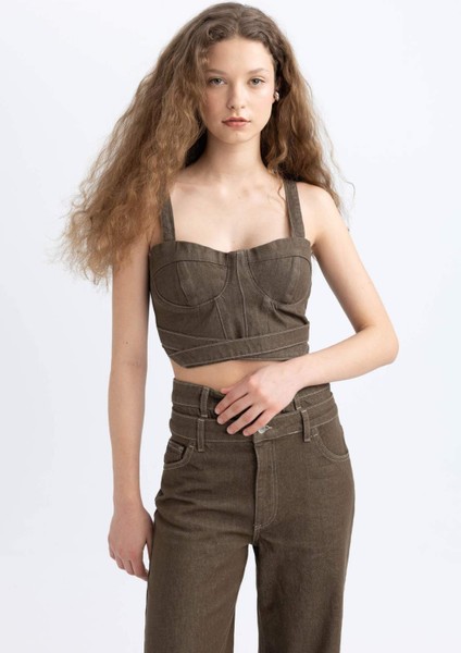 Kalın Askılı Crop Korse Jean Bluz C5695AX24SP