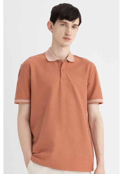 New Regular Fit Polo Yaka Waffle Kısa Kollu Basic Düz Tişört B4508AX24SP